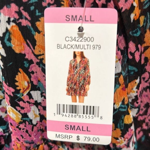 Vince Camuto black/multi color floral mini dress with sheer sleeves Sz Small - Picture 2 of 6